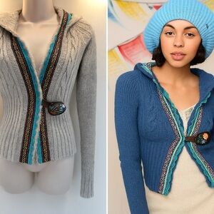 Free People Klara Button Hooded Cardigan Y2K wool lace wood painted button S